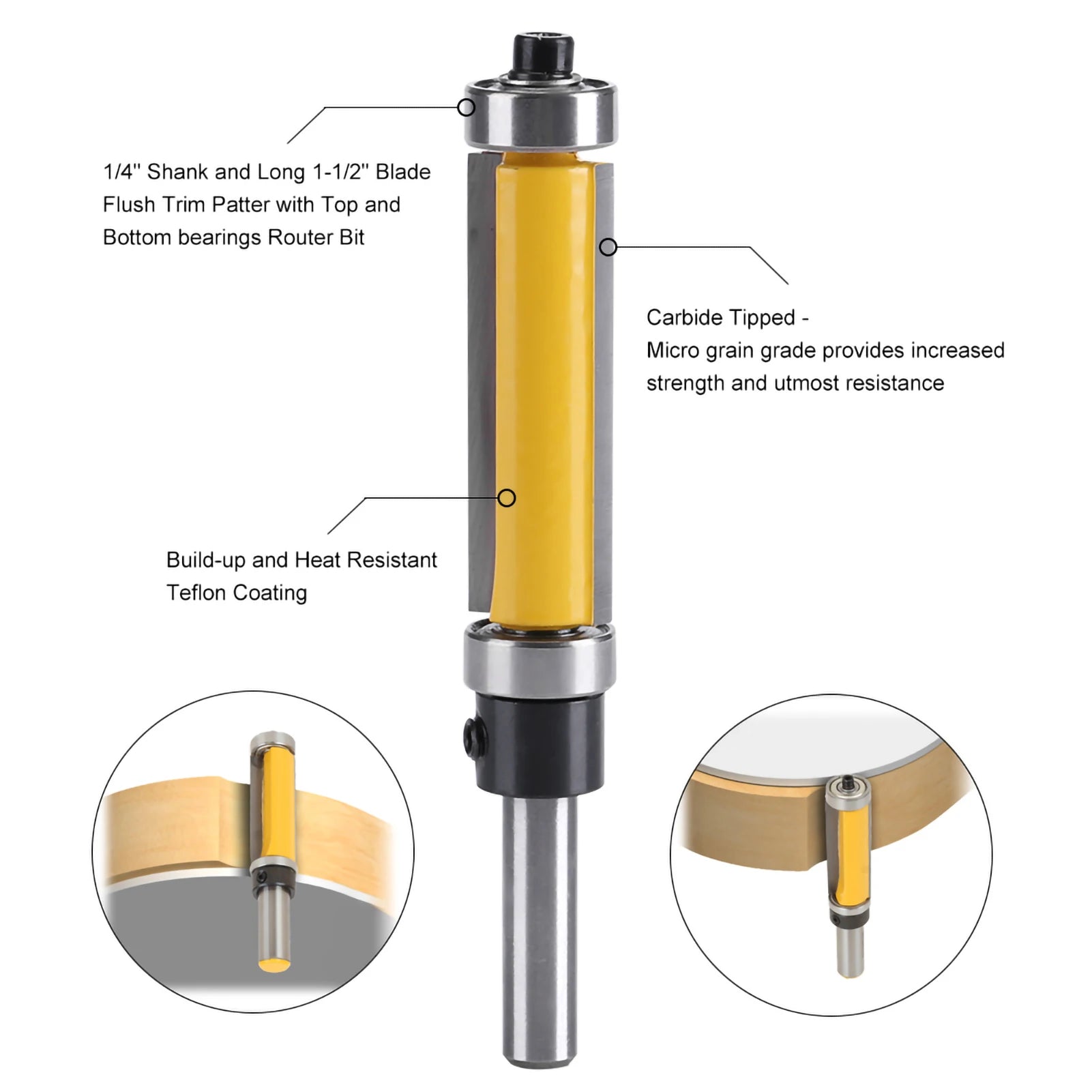 Flush Trim Router Bit with Top and Bottom Bearing 1‑1/2inch H * 1/4inch Shank Woodworking Tool Router Bit Straight Router Bit