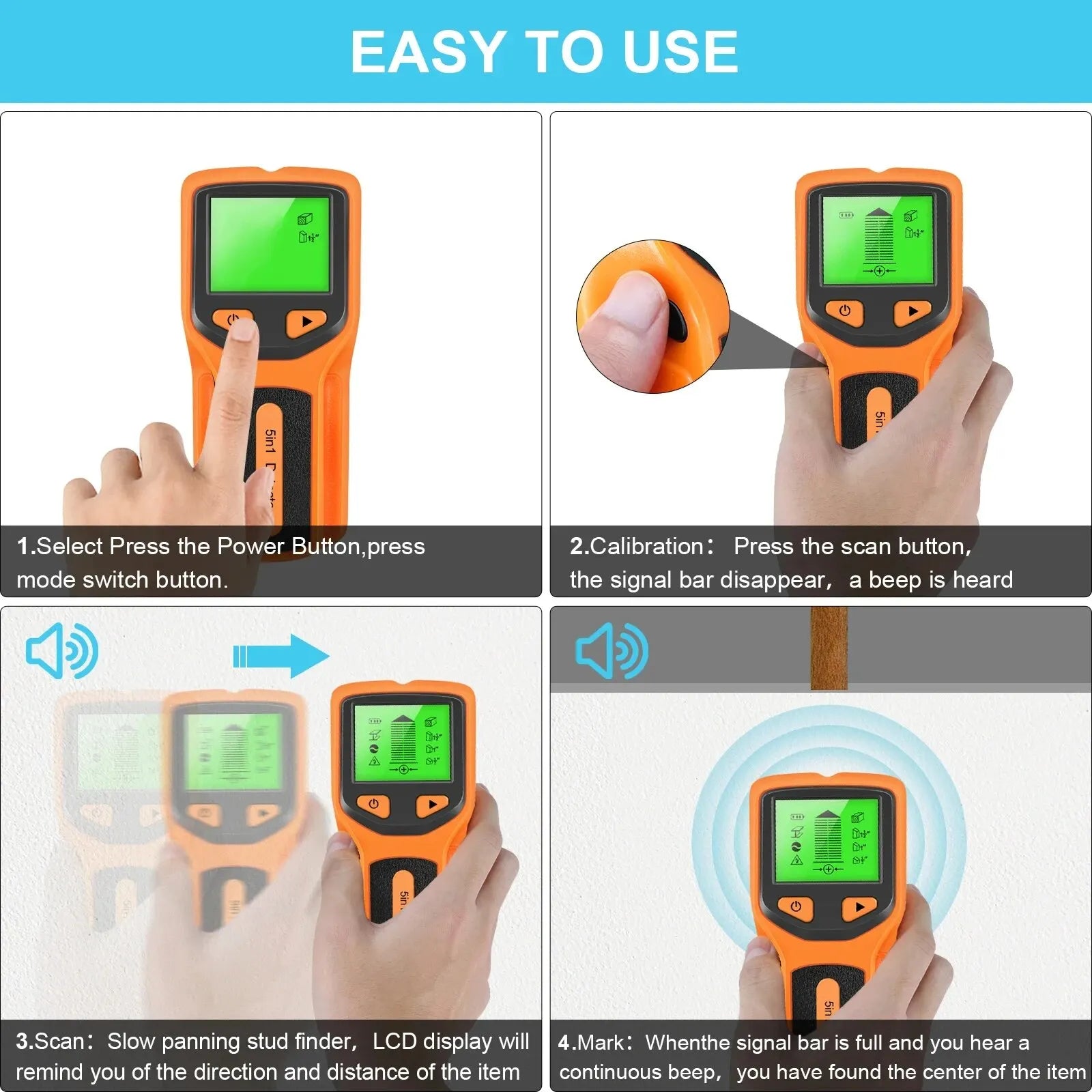 5 in 1 Stud Detector Wall Wood Scanner Digital Handheld Wall Detector Live AC Wires Cable PVC Water Pipe Metal Finder Scanner