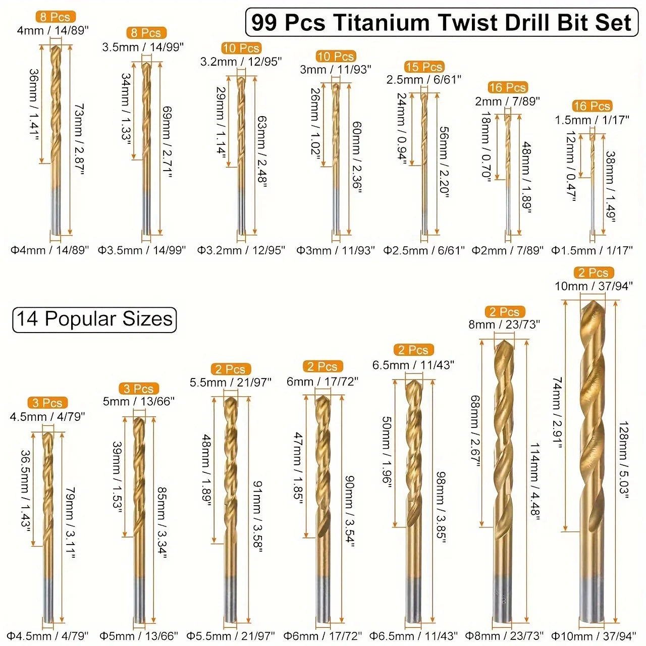 99 Pieces Titanium Twist Drill Bit Set, 135 Tip High Speed Steel, Size from 1/16" Up to 3/8", Ideal Drilling in Wood/Cast Iron