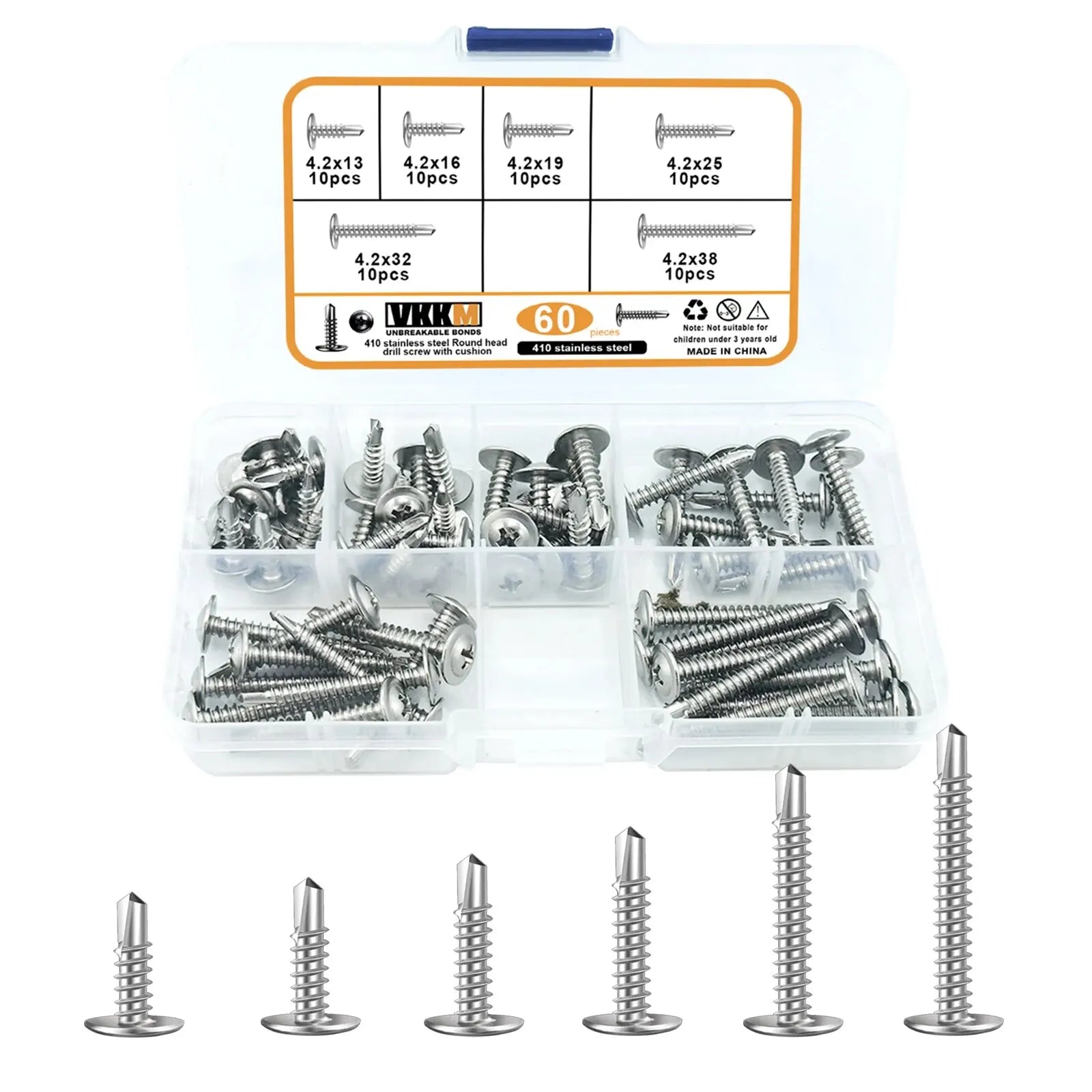 Improved Truss Head Stainless Steel #8 Self-Tapping Screw Assembly Kit For Metal, Plastic, Aluminum,60Self-Drilling Screws