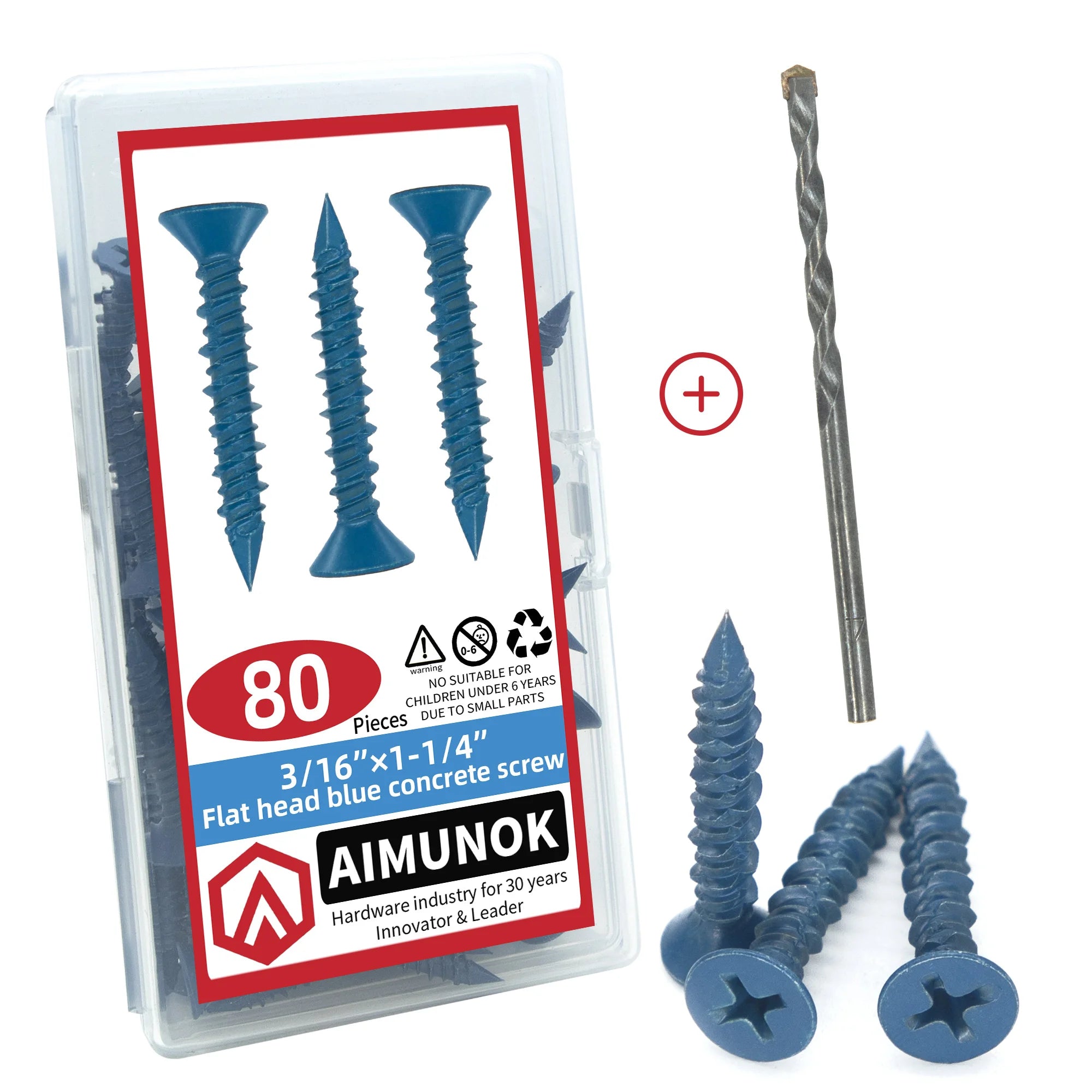 80pcs 3/16" Or 1/4" Concrete Screw Anchor, Blue Flat Head Screws for Anchoring to Masonry Brick Block Cement Or Stucco