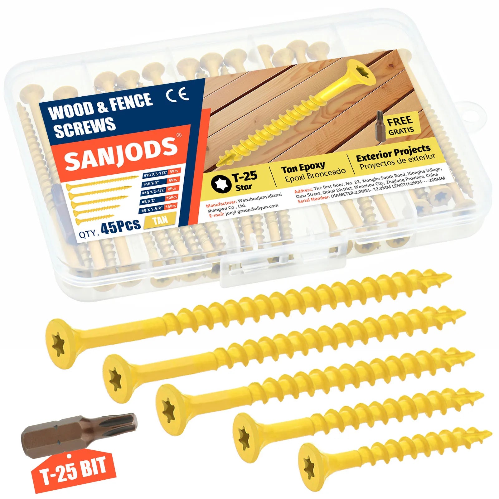 Wood Screws Assortment Kit 45pcs Rust Resistant Deck Screw Exterior Epoxy Coated Outdoor Decking Screws Torx Star Drive Head Tan