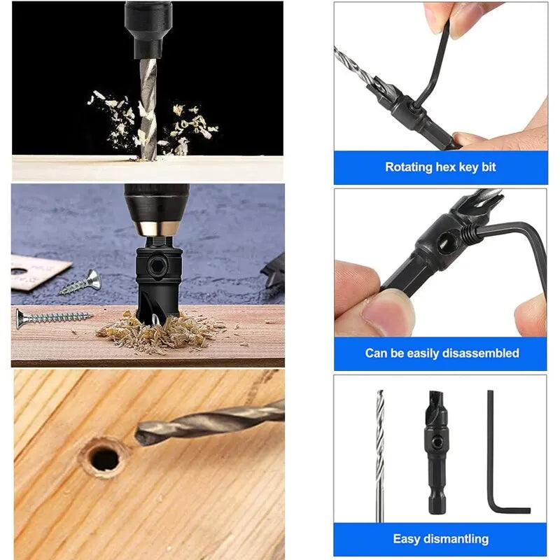 5pc Woodworking Tapper Hexagon Shank Screw Countersunk Drill Bit Taper Drill Hole Drilling and Reaming Hardware Tool Set