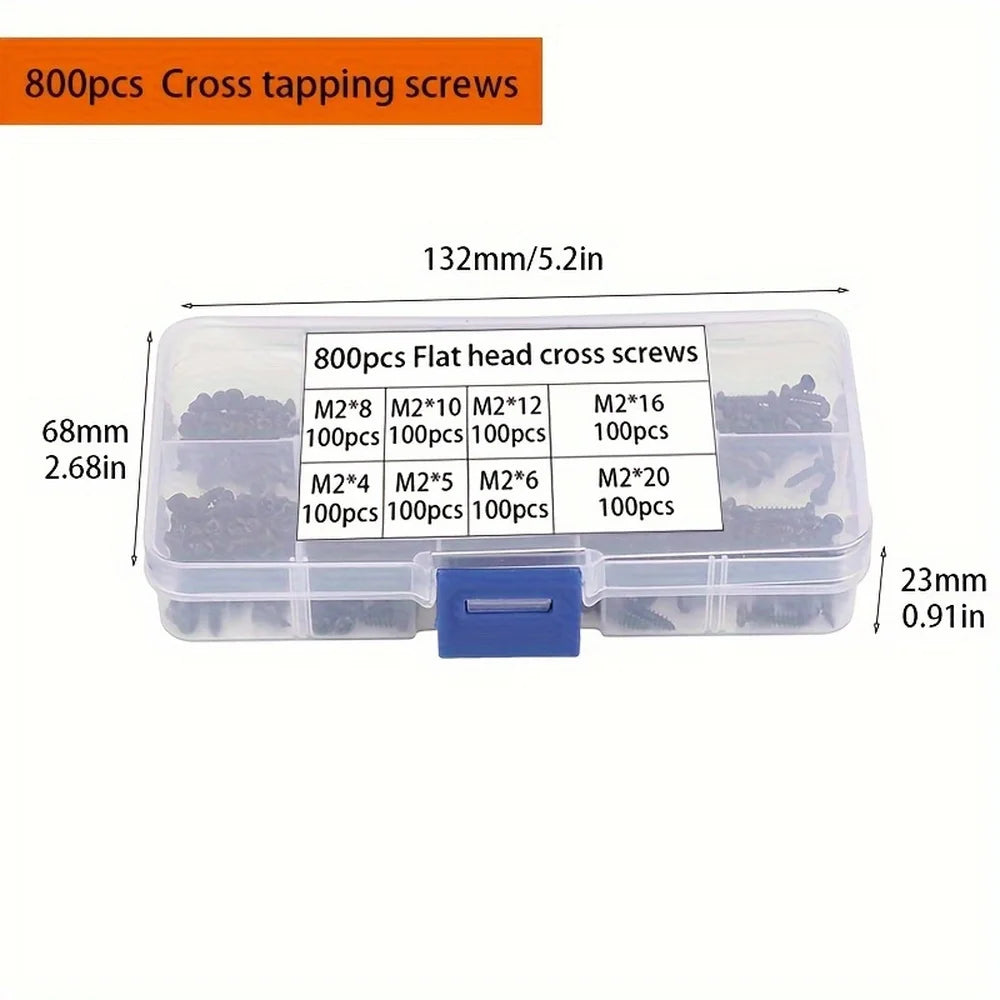 800pcs M2 Black Phillips Self Tapping Screw Assortment Kit, Locking Screws And Wood Screws