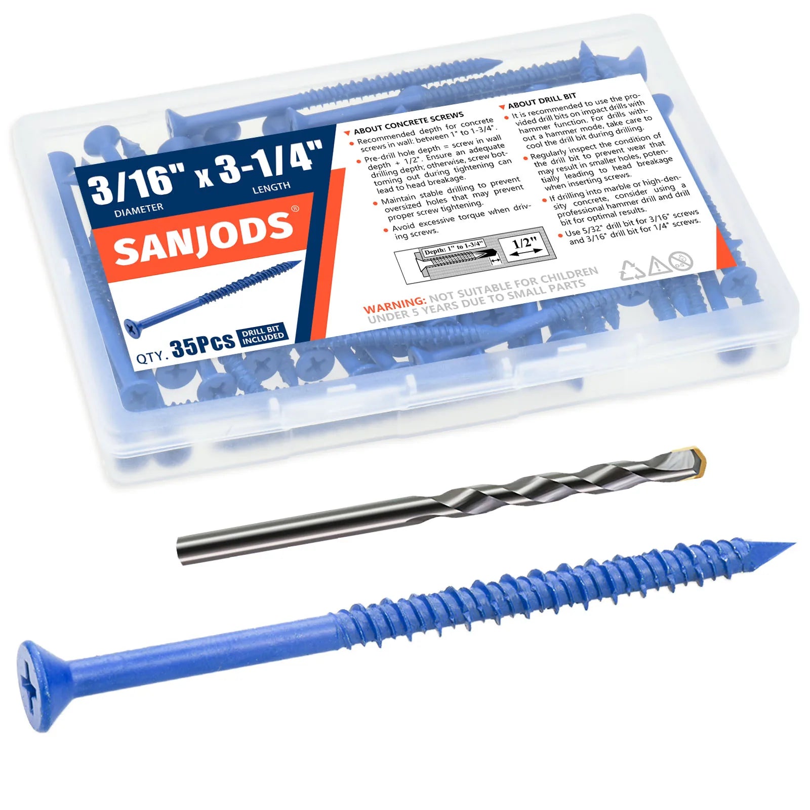 3/16" or 1/4" Concrete Screw Anchor Blue Flat Head Screws for Masonry Brick Block Cement Stucco (Boxed with Drill Bit)