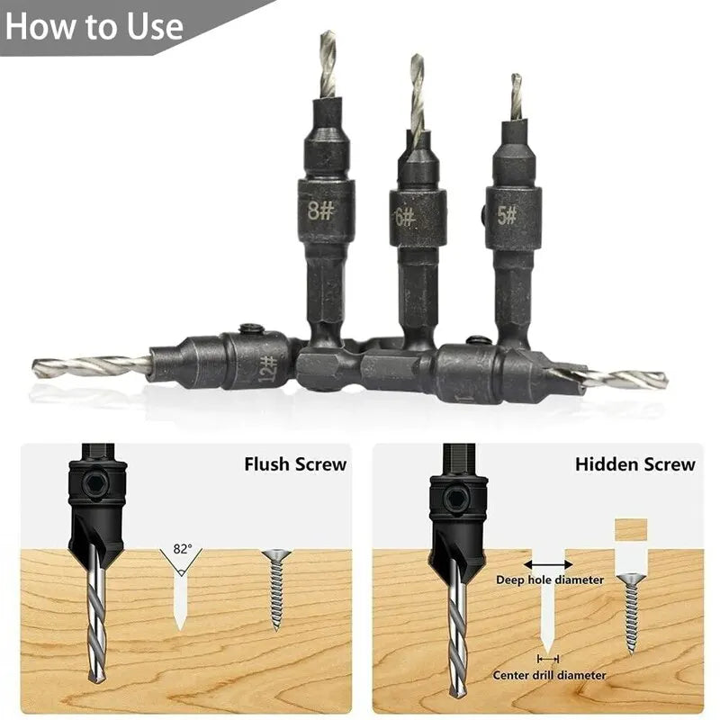 5pc Woodworking Tapper Hexagon Shank Screw Countersunk Drill Bit Taper Drill Hole Drilling and Reaming Hardware Tool Set