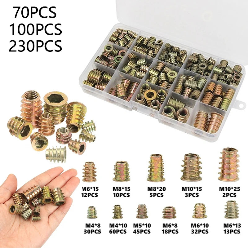 230PCS Assorted Nut Bolt Flanged Hex Drive Head Furniture Nuts M4 M6 M8 M10 Zinc Alloyl Thread for Wood Zinc Alloy Insert Sets