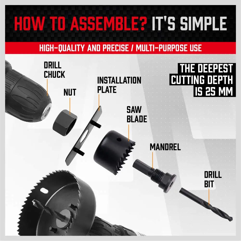 Hole Saw Set 19PCS Hole Saw Kit with 3/4"-6"19-152mm Hole Saw Mandrels Hex Key with Storage Box Ideal for Soft Wood PVC Board