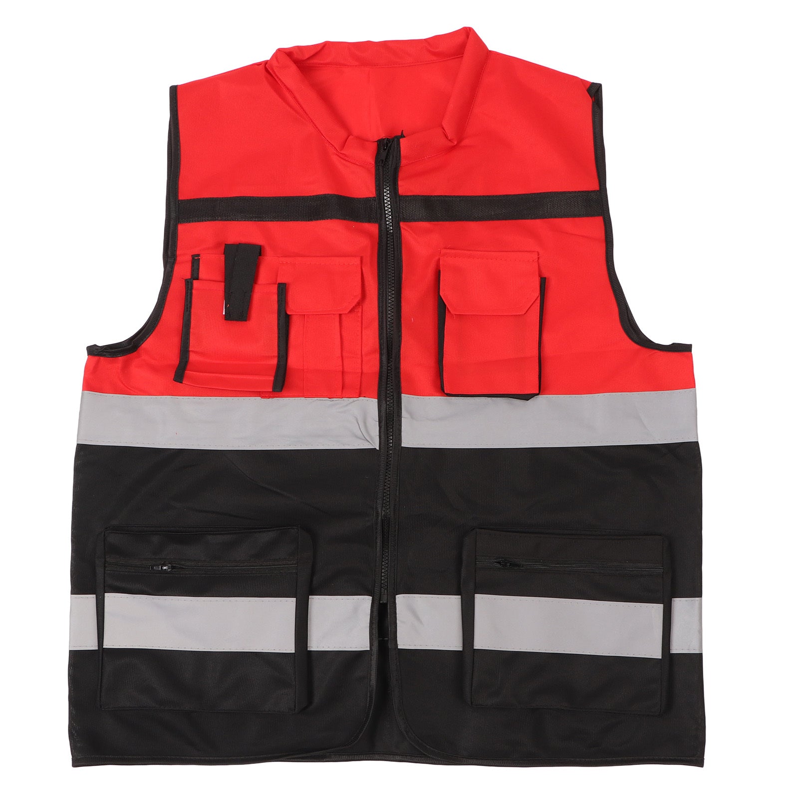 Reflective Vest Red and Black Blocking Round Neck Multiple Pocket Safety Work Vest for Construction Transportation