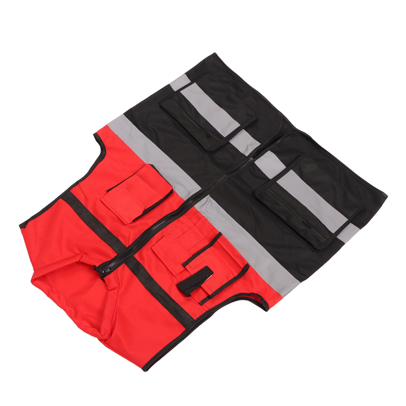 Reflective Vest Red and Black Blocking Round Neck Multiple Pocket Safety Work Vest for Construction Transportation