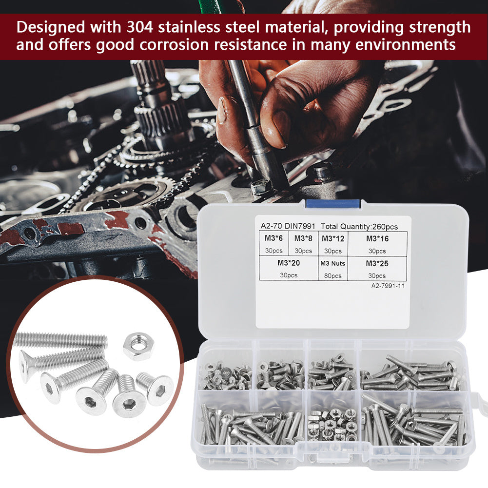 260pcs M3 304 Stainless Steel Hex Socket Flat Head Screw Bolts Nuts Kit With Box