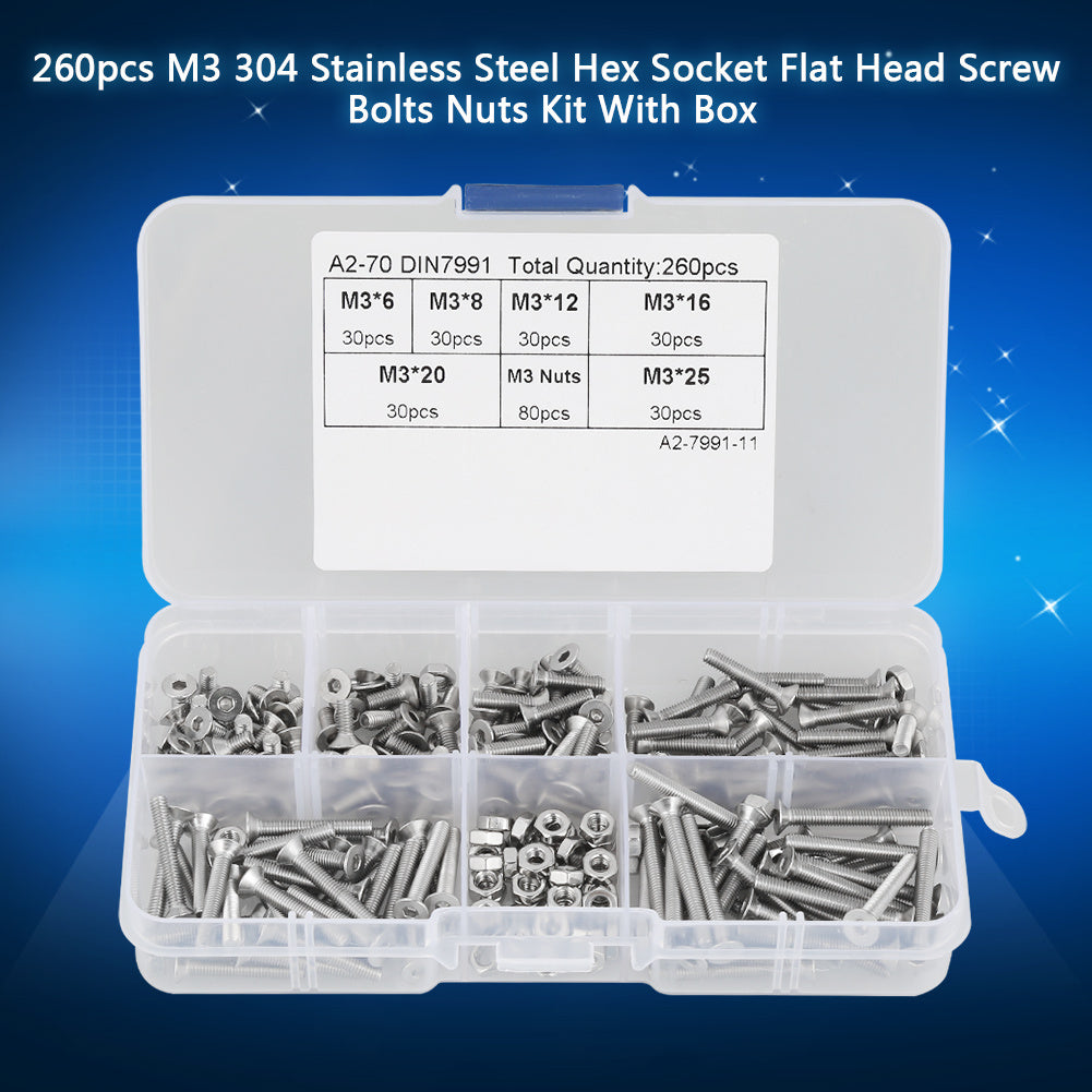 260pcs M3 304 Stainless Steel Hex Socket Flat Head Screw Bolts Nuts Kit With Box